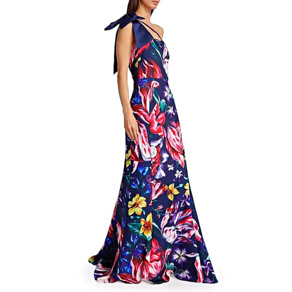 Marchesa Notte Florilegium One Bow Shoulder Floral Mikado Satin Gown sz 4 $895 - Picture 4 of 16